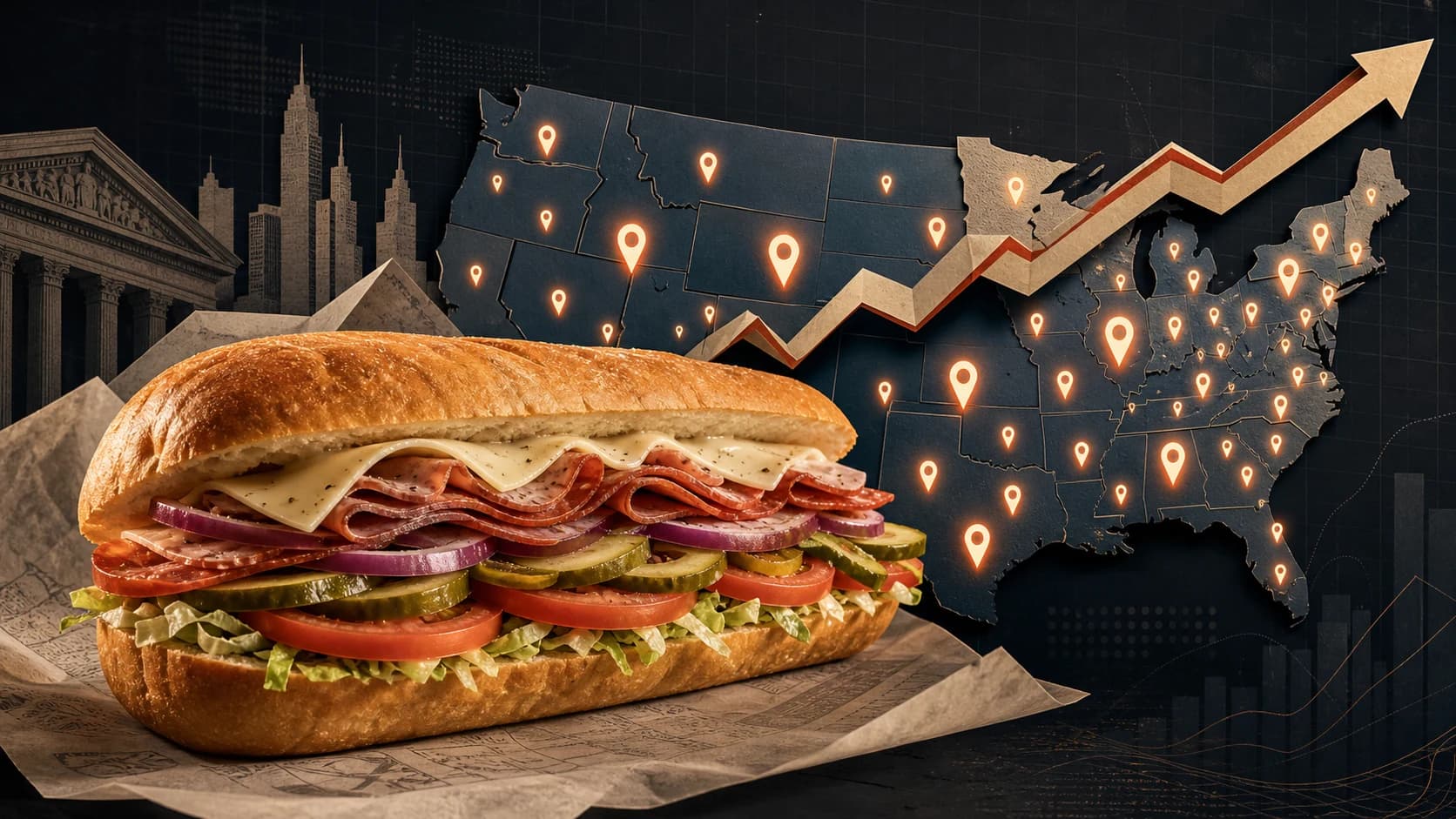 Editorial illustration of a submarine sandwich, a United States map dotted with location pins, and a rising chart.
